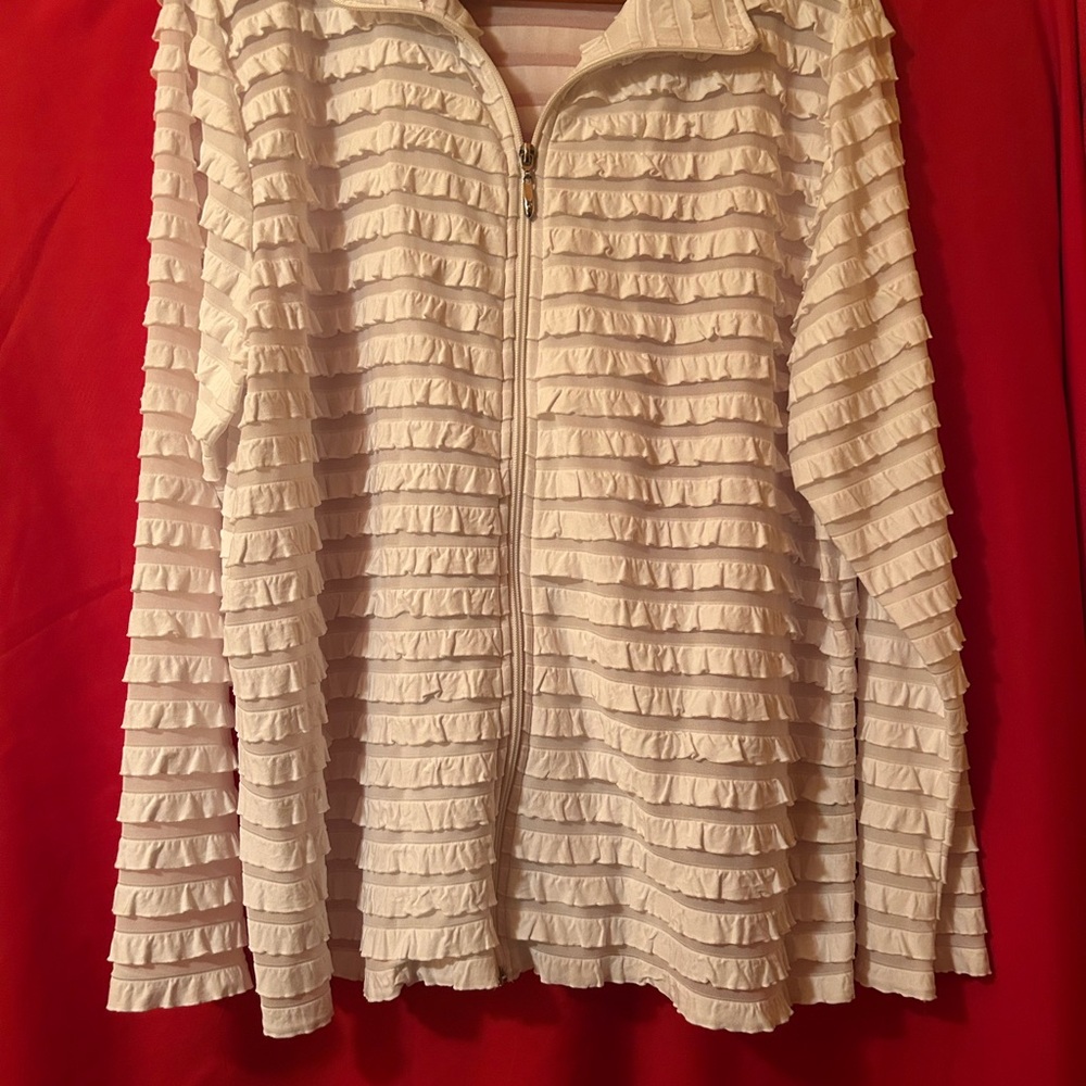 TanJay White Ruffled Jacket - new with tags!! Size large petite